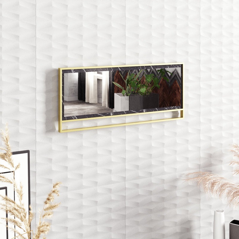 Miroir en carton moderne moderne, doré et noir, 35,4 x 14,9 x 1,2 pouces | 100% panneau de particules enduit de mélamine avec structure 100% métal, fixation murale | Décoration intérieure élégante pour les espaces contemporains