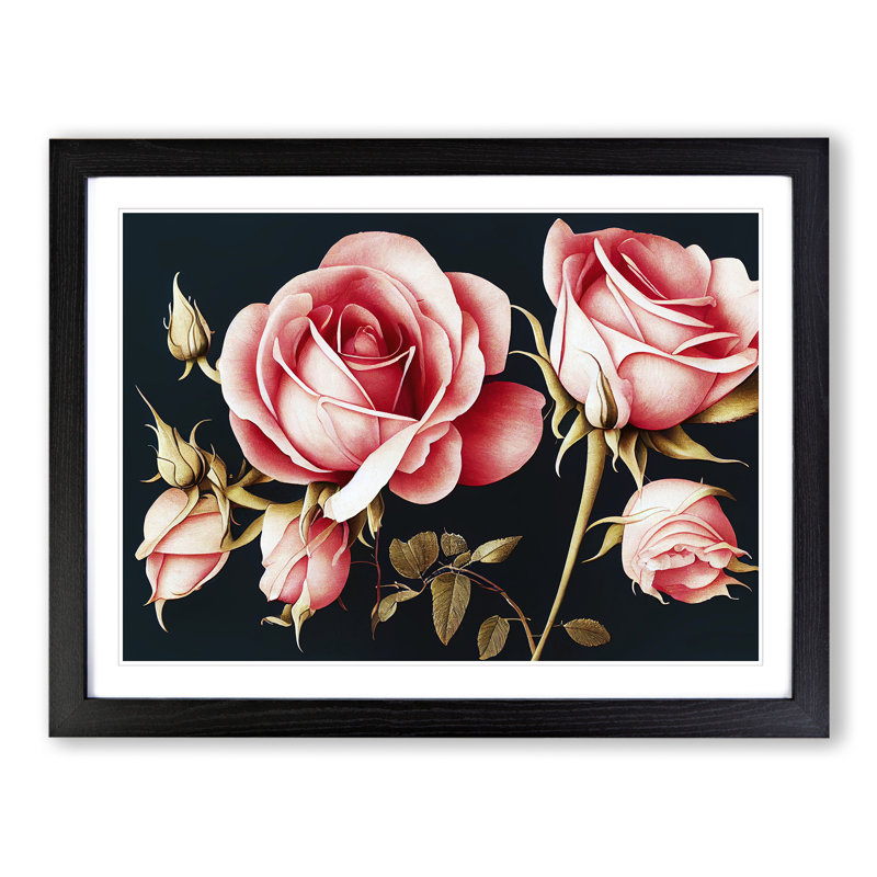 Harmonious Rose Flowers - Single Picture Frame Print, Black, 46cm H x 64cm W x 2cm D