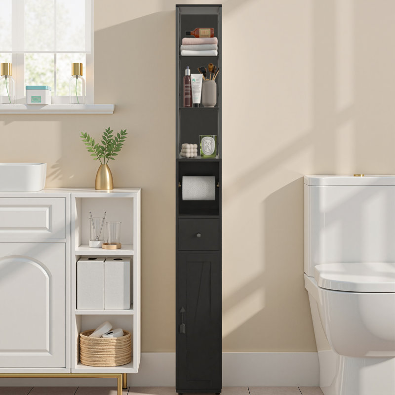 Talion Tall Bathroom Storage Cabinet, Slim Storage Cabinet With Toilet Paper Scroll, Narrow Cabinet With Adjustable Shelves And Door
