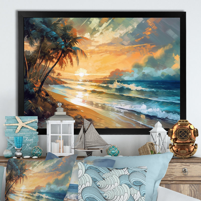 " Blue And Orange Shimmering Shores ", Black Picture Framed Canvas, 12" H x 20" W x 1" D