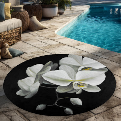White Orchids Round Outdoor Area Rug | Botanical Home Decor