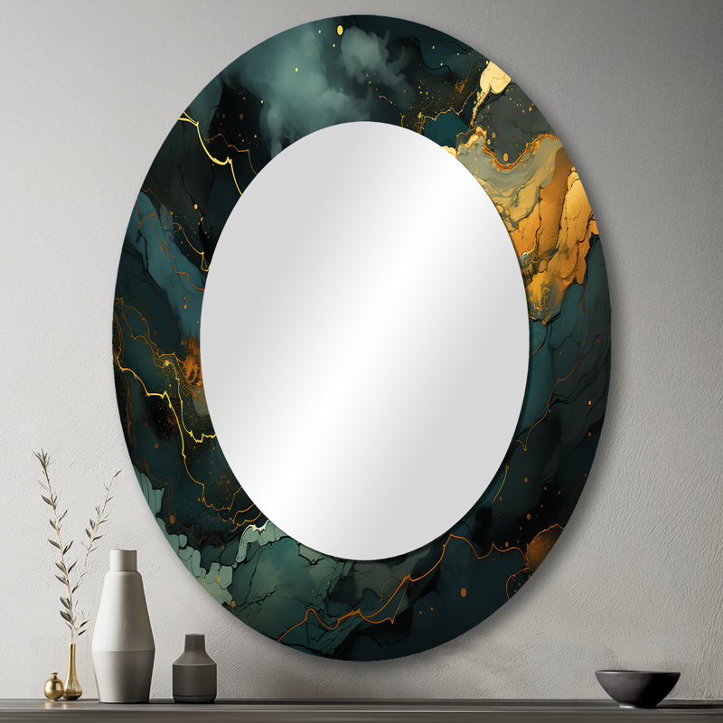 Gold And Green Abstract Marble Aura III - Large Oval Wall Mirror On Metal, 43" x 33"