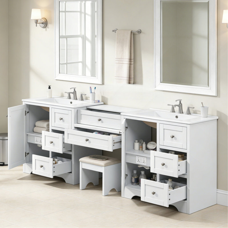 84" Double-Sink Bathroom Vanity, 2 Ceramic Sinks and a Engineered Stone Countertop, Large storage Bathroom Vanity with Silver Metal and 6 Drawers, Soft Closing Design, Wood