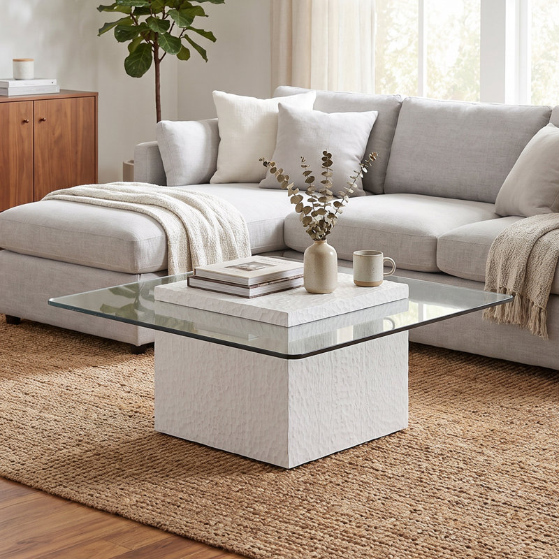 Table basse carrée moderne en verre trempé blanc avec base sculptée en 3D - 95 cm