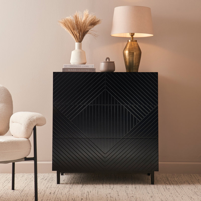 Chest of Drawers - Black, 3, 86cm H x 80cm W x 46cm D
