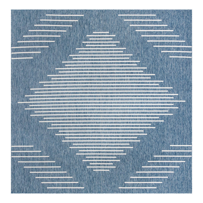 Tapis intérieur / extérieur en polypropylène géométrique tissé à la machine en gris / bleu, Carré 13 pi 1 po
