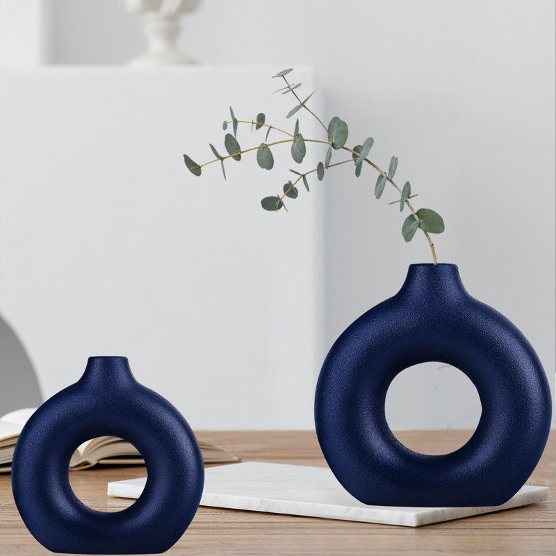 Flower Vase, Flower Vase, Ceramic Vase For Home Decor, Set Of 2, Navy