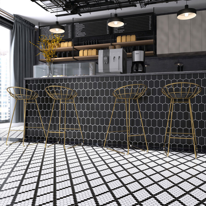 Metro 1" Hex Matte White with Black Diamond 10-1/4" x 11-7/8" Porcelain Mosaic Tile
