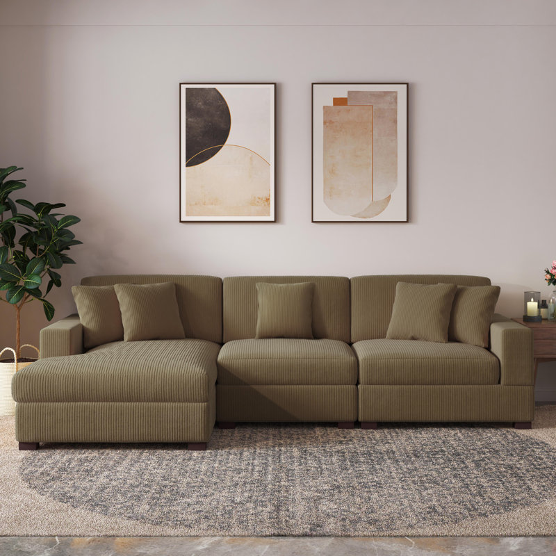 Milbrey 3-Piece Corduroy Modular Sectional with Loose Back, Left Hand Facing, Camel Corduroy