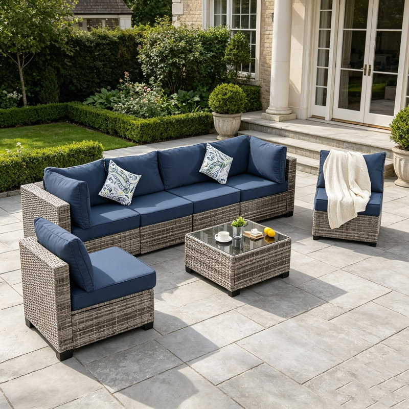 Ensemble de conversation modulaire en rotin 7 pièces avec coussins 7 pièces, Marine, Brun
