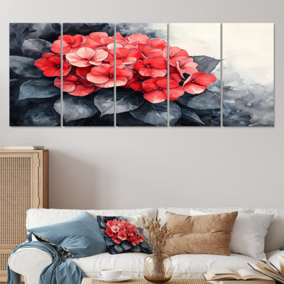 Hortensias monochromes avec accent rouge audacieux II - hydrangées murales - Art mural traditionnel