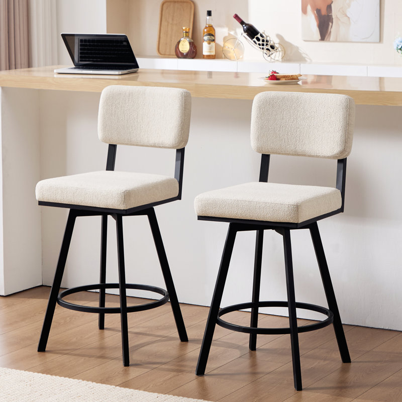 Bronson 26.6" Industrial Swivel Counter Stool with Rectangular Back and Metal Frame, Beige