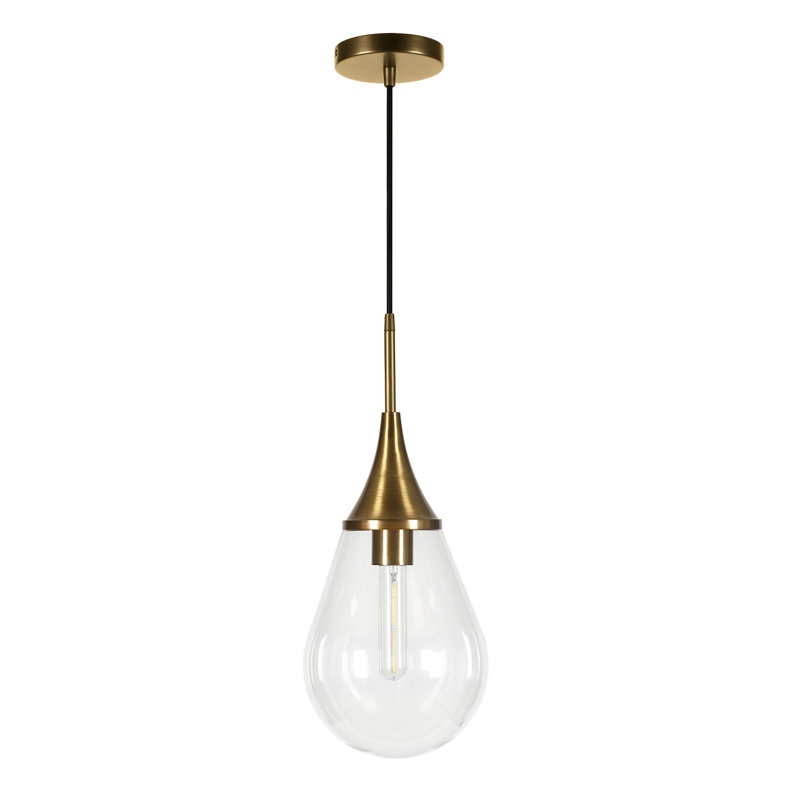 Luminaire suspendu en forme de goutte à 1 lumière Hoye, Laiton, Transparent, H 13,88 po x l 8,63 po x P 8,63 po