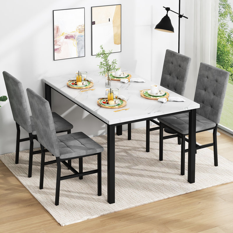 Modern Faux Marble Dining Table Set for 4, Gray, Black