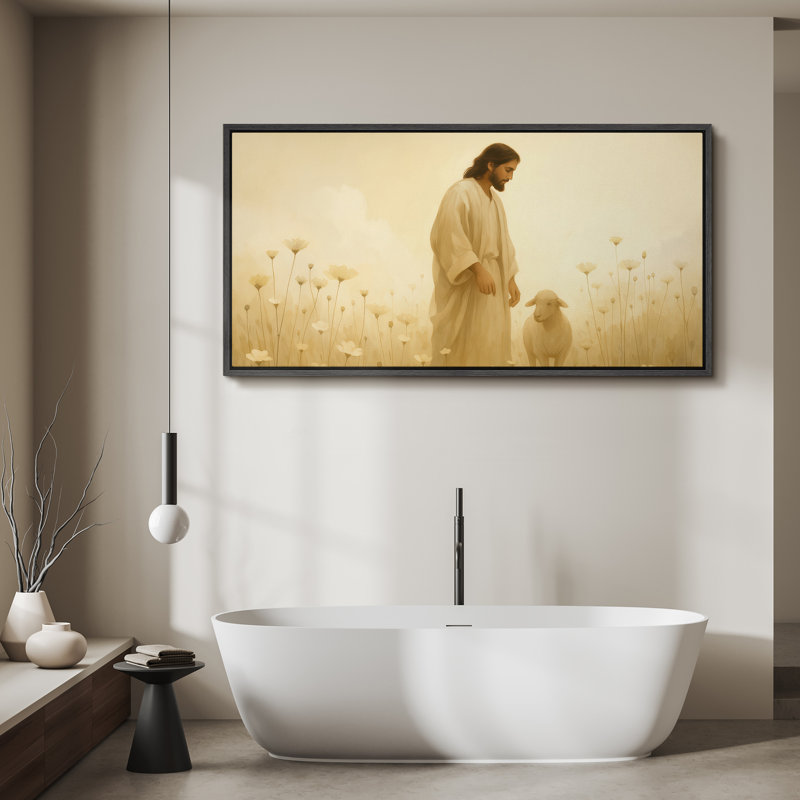 «Jesus with a Lamb in a Golden Meadow», reproduction d'art sur toile encadrée, H 30 po x l 60 po x P 1,5 po, Structure noire