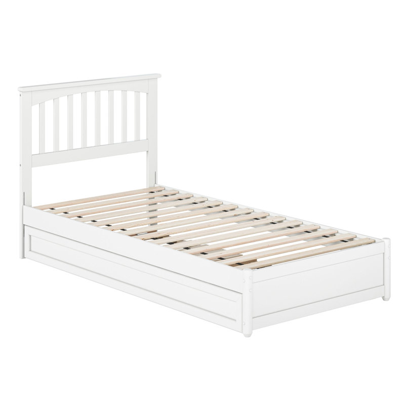 Lit plateforme en bois massif Asparas avec pied de lit et lit gigogne, Blanc, Simple TG