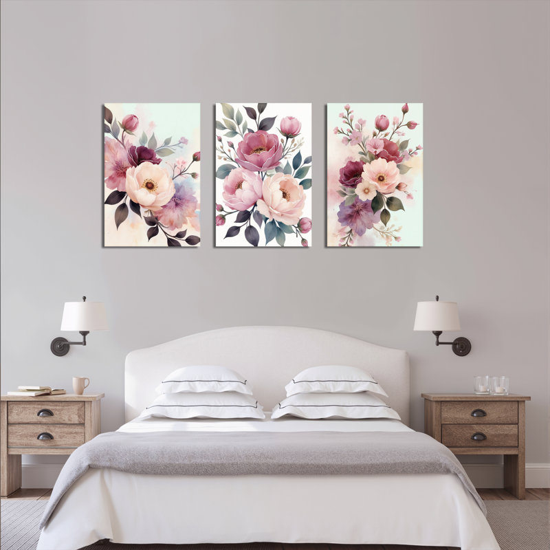 Ensemble de 3 toiles murales montées sur châssis, motif bouquet floral rose poudré, H 24 po x l 48 po