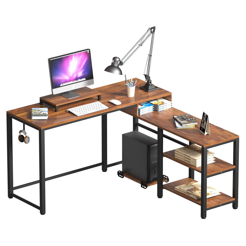 Bureau d'ordinateur en forme de L, bureau de coin en bois rustique de 50 po avec structure en métal, tablettes de rangement, crochet pour casque d'écoute pour la maison et le bureau - Hj-cdesk-150-b