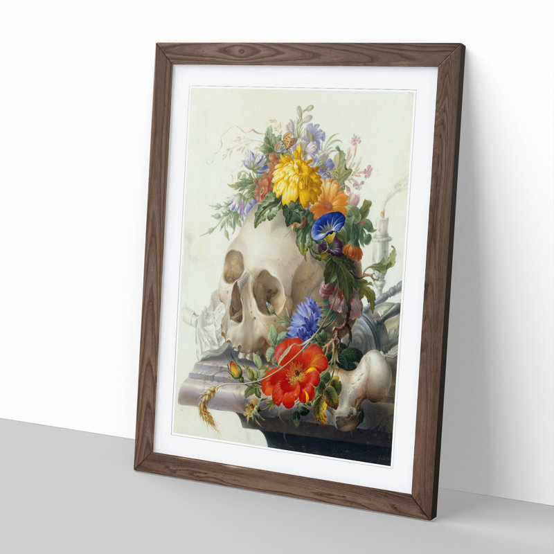 Skull with Flowers Vol.2 by Herman Henstenburgh - Picture Frame Painting, Walnut Framed, 65cm H x 48cm W x 2cm D
