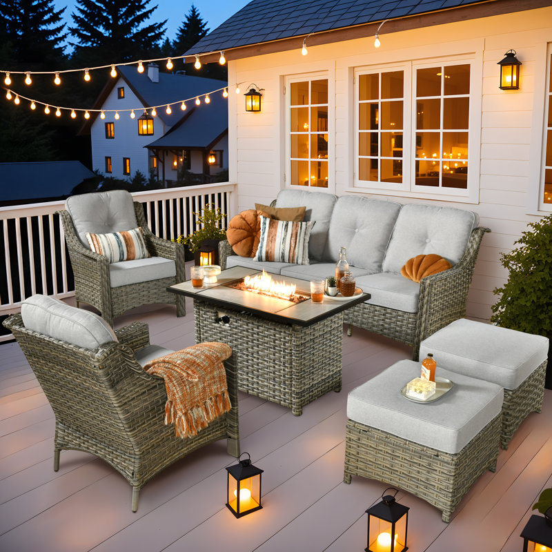 Harper 6 Pieces Patio Furniture Set With Fire Pit Table, Outdoor Wicker 3-seat Sofa With Comfy Cushion, High Back Rattan Conversation Set For Garden Backyard
