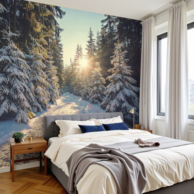 Peel and Stick Wallpaper 96" L x 69" W Modern Self Adhesive Wall Mural for Bedroom Snow covered pine trees sunset