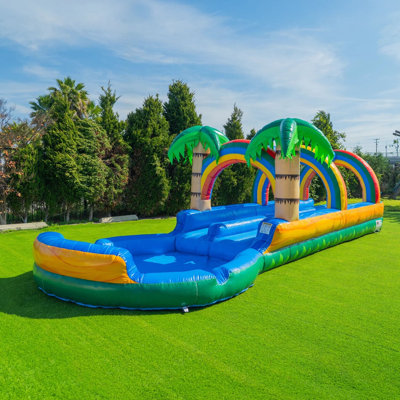 POP JUMP 27ft Long Tropical Inflatable Dual Lane Slip N Slide, with Splash Pool and Blower