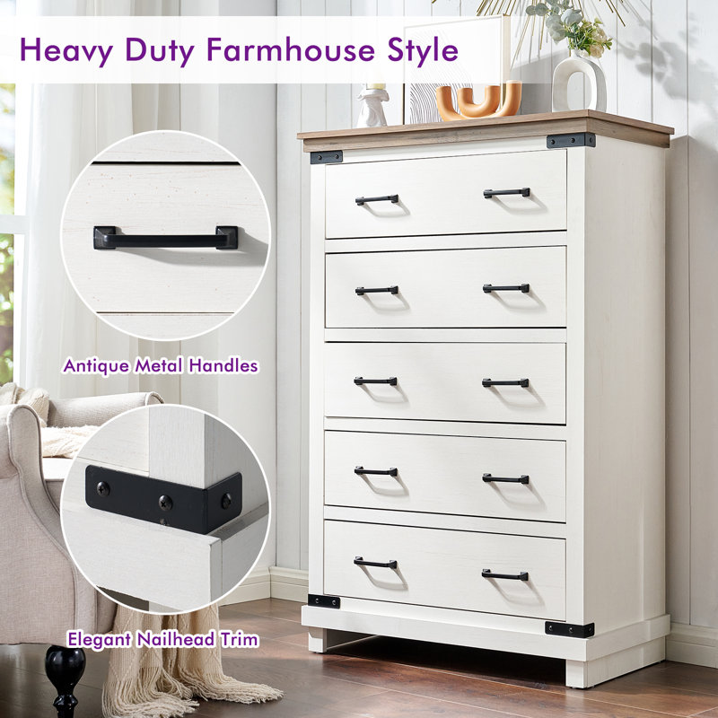 Farmhouse 48" H 5 Drawers Dresser with Ample Storage Space, White/Brown, White/Brown