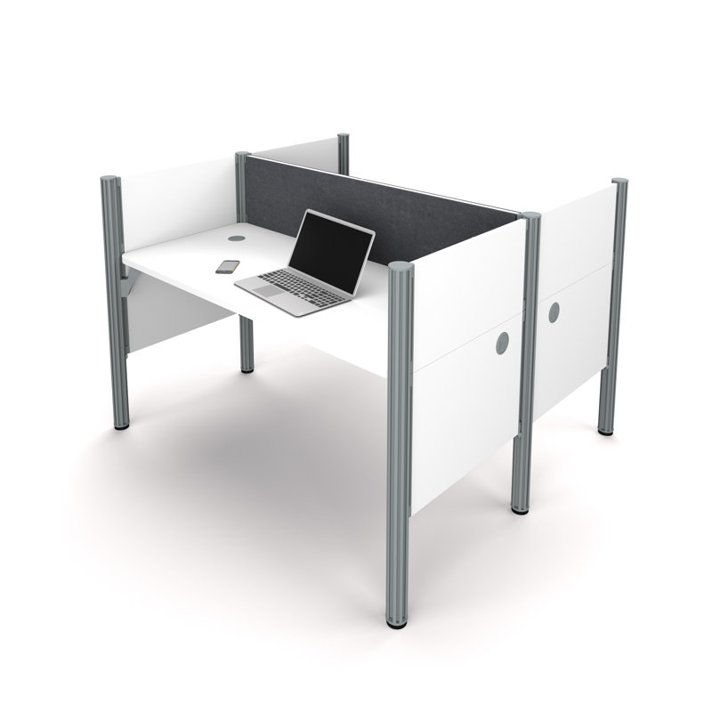 Double station de travail face à face avec 5 panneaux de banc d’intimité Pro-Biz, Blanc / Gris
