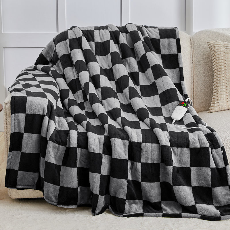 Couverture chauffante pour adulte Sherpa, Lit simple, Tissu écossais noir et gris