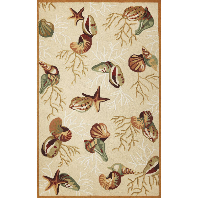 2'X3' Beige Hand Hooked Sea Shells Indoor Accent Rug