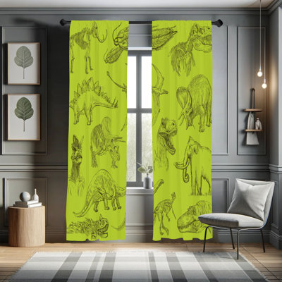 Dakota Fields Jurassic Curtains, Dinosaur Illustration Art, Pair of 28"x84", Pale Coffee