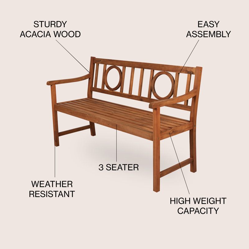 Banc d'extérieur en bois d'acacia à dossier arrondi de 51,2 po avec accoudoirs, terrasse en teck et sièges de jardin Apollo (capacité de 600 lb)