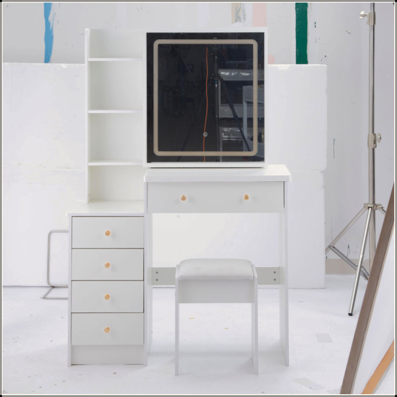 37" Middle Size Left Bedside Cabinet Vanity Table + Cushioned Stool, Large Sliding, Touch Control, Tri-Color Switching, Brightness Adjust LED Mirror, High Capacity Storage, Suitable For Middle Space