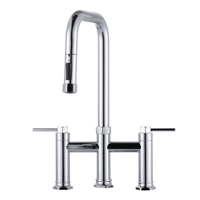 3 Holes Brass Double Handle Bridge Kitchen Faucet With 2-Mode Pull Down Sprayer And Supply Lines