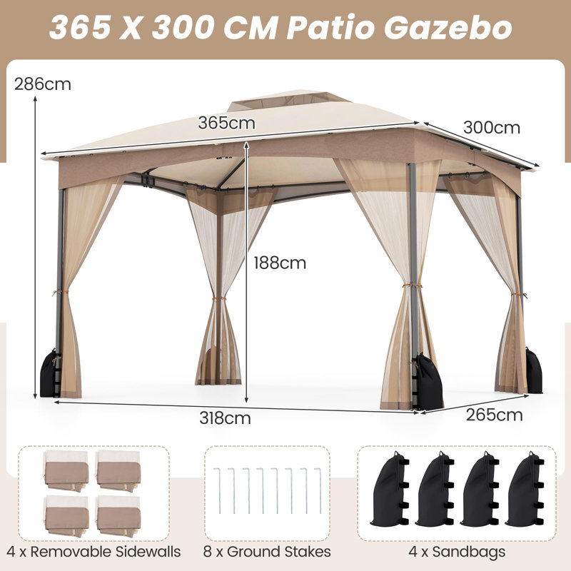 Double Roof Garden Gazebo With Netting Sidewalls, Brown
