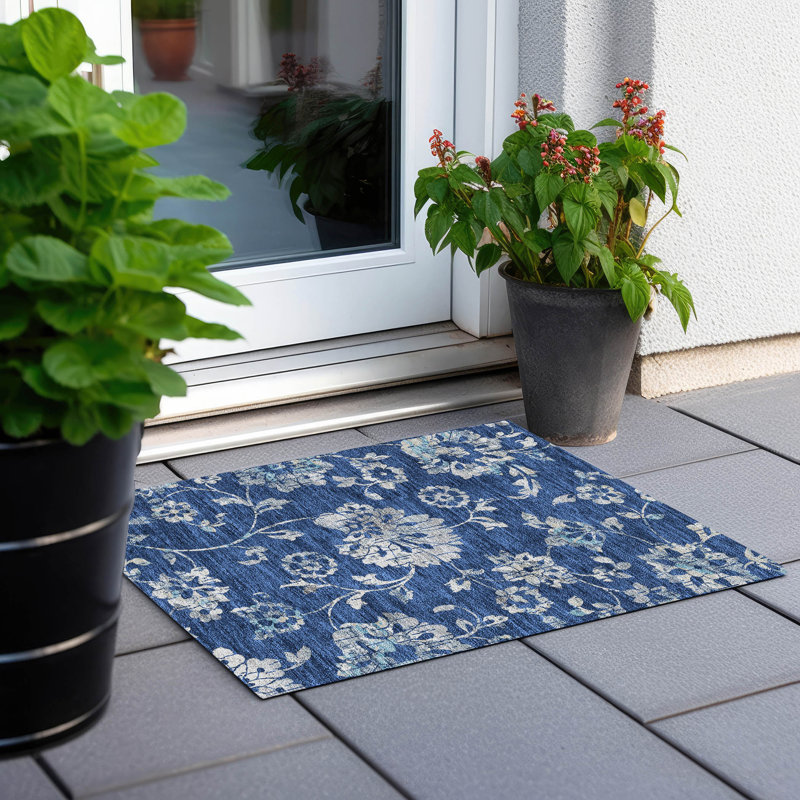 Tapis bleu marine en polyester tissé à la machine tissé à la machine intérieur / extérieur Charyse