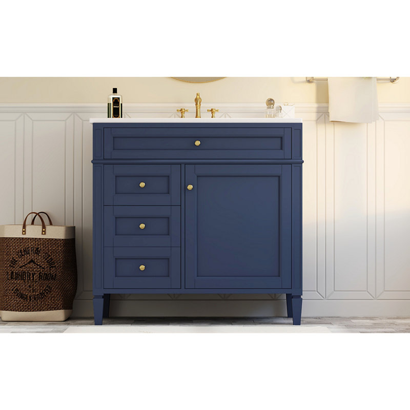 Meuble-lavabo de 36 po avec lavabo supérieur, meuble-lavabo moderne avec 2 tiroirs et tiroir escamotable, meuble-lavabo simple