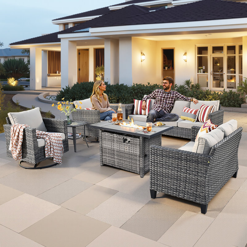 Harbin Wicker Rattan 7 - Person Outdoor Seating Group with Cushions with Fire Pit Table with Swivel Rocking Chairs, Beige