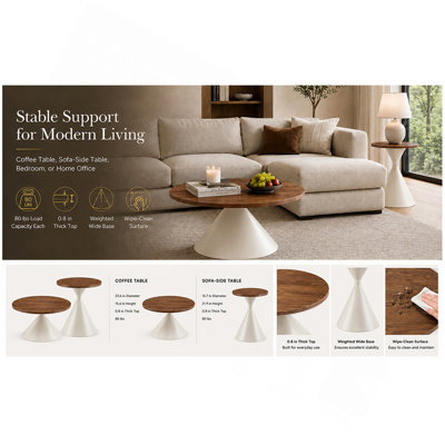 2-piece coffee round table set, walnut patterned tabletop with steel base, multifunctional fashionable coffee table (white+walnut)