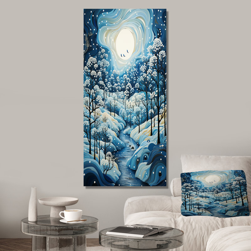 «Blue and White Path Into Winter Forest I», art mural forêt, H 60 po x l 28 po x P 1,5 po, Toile tendue