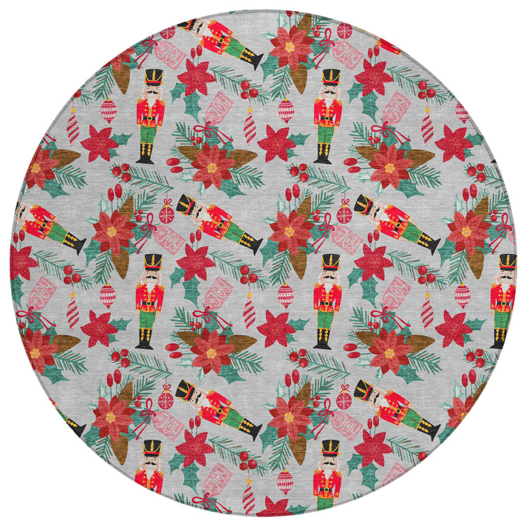 Machine Washable Indoor/Outdoor Christmas Nutcracker Xhevrie Silver Rug