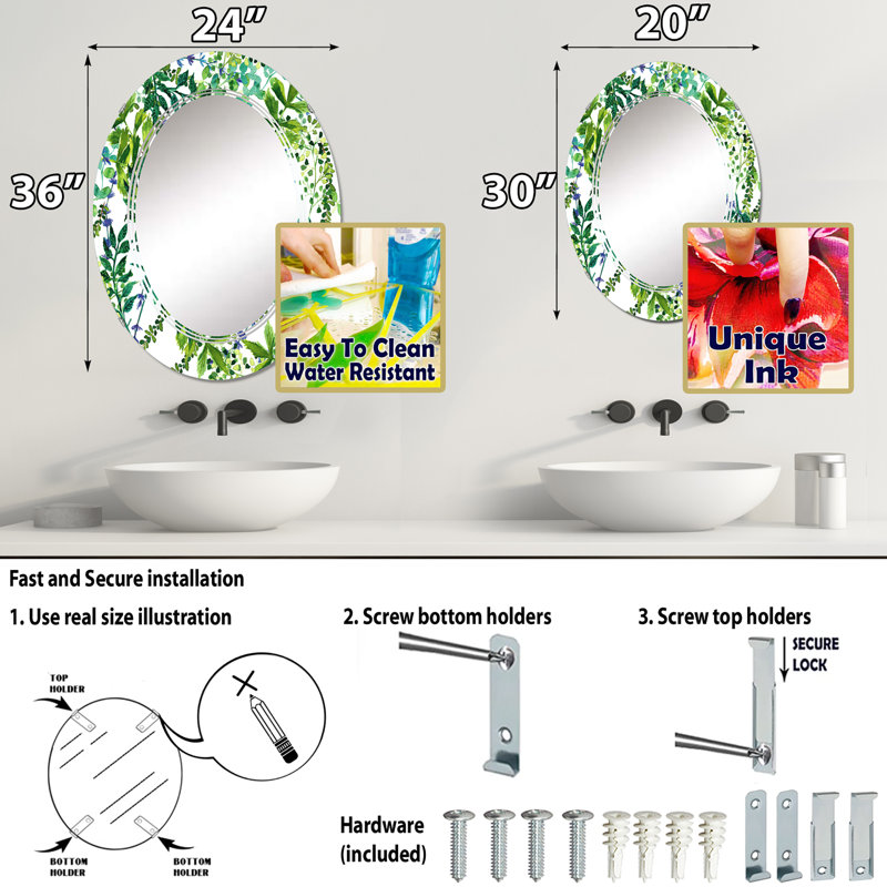 Green Herbs and Leaves On White - Miroir mural à motif ovale, 30 po x 20 po