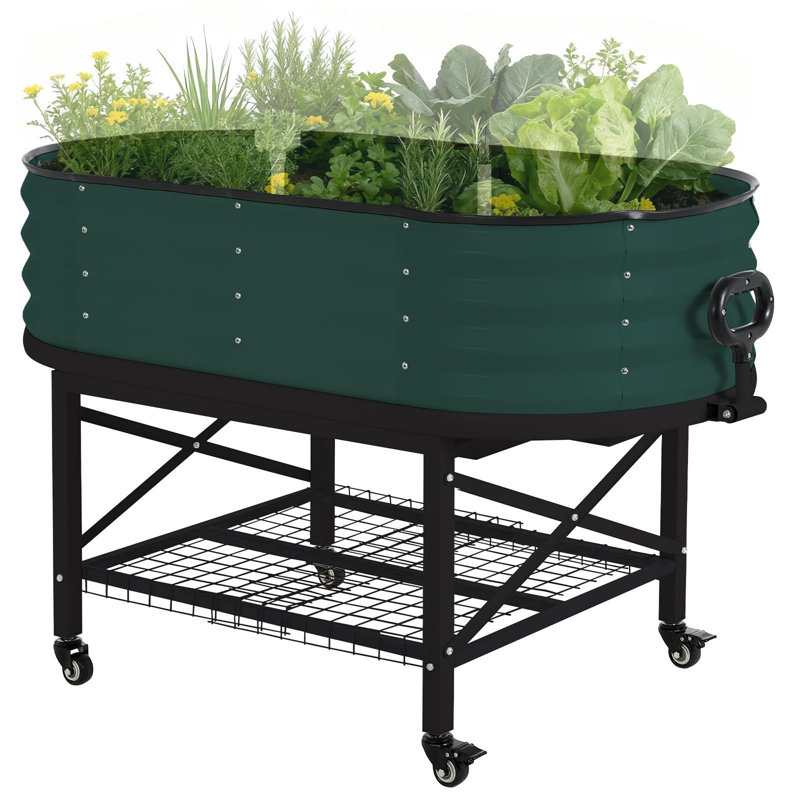 4x2x1 Ft Oval Galvanized Raised Garden Bed Kit with Wheels Legs & Storage Rack,Thick Metal Outdoor Planter Box for Vegetables Flowers Patio Gardening,Green