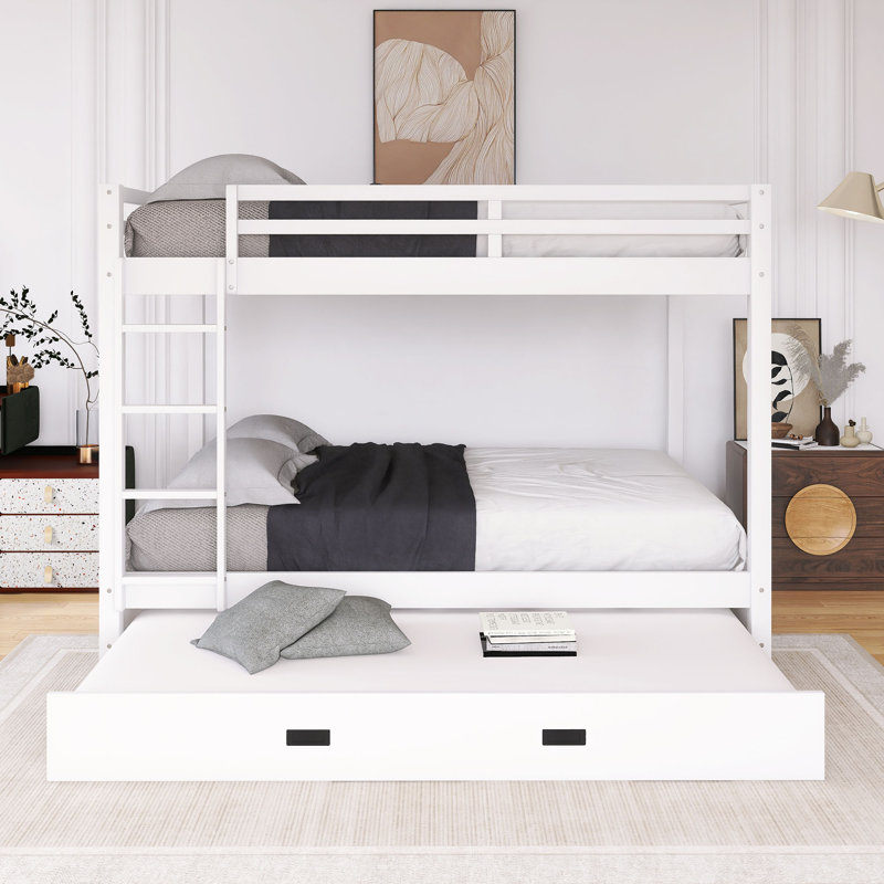Grand lit superposé à structure en bois avec échelle et lit gigogne, Blanc