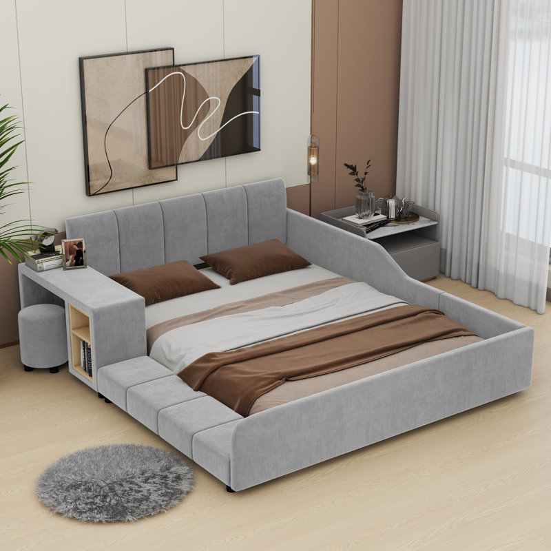 Lit tapissier double Ilyne, lit pour mère et enfant avec bureau de chevet et petit tabouret rond, Full, gris