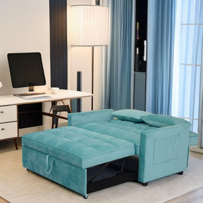 Canapé-lit à deux places en velours 55,2 po, dossier réglable avec trois ports USB, deux poches latérales, canapé-lit convertible 3 en 1, canapé-lit moderne pour causeuse