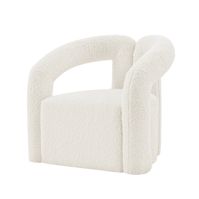 Fauteuil demi-tonneau blanc Darian, Crème Boucle