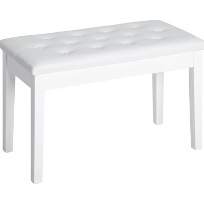 Banc de piano recouvert de similicuir blanc, avec cadre en bois pour une utilisation en duo et un siège d'étude rembourré.