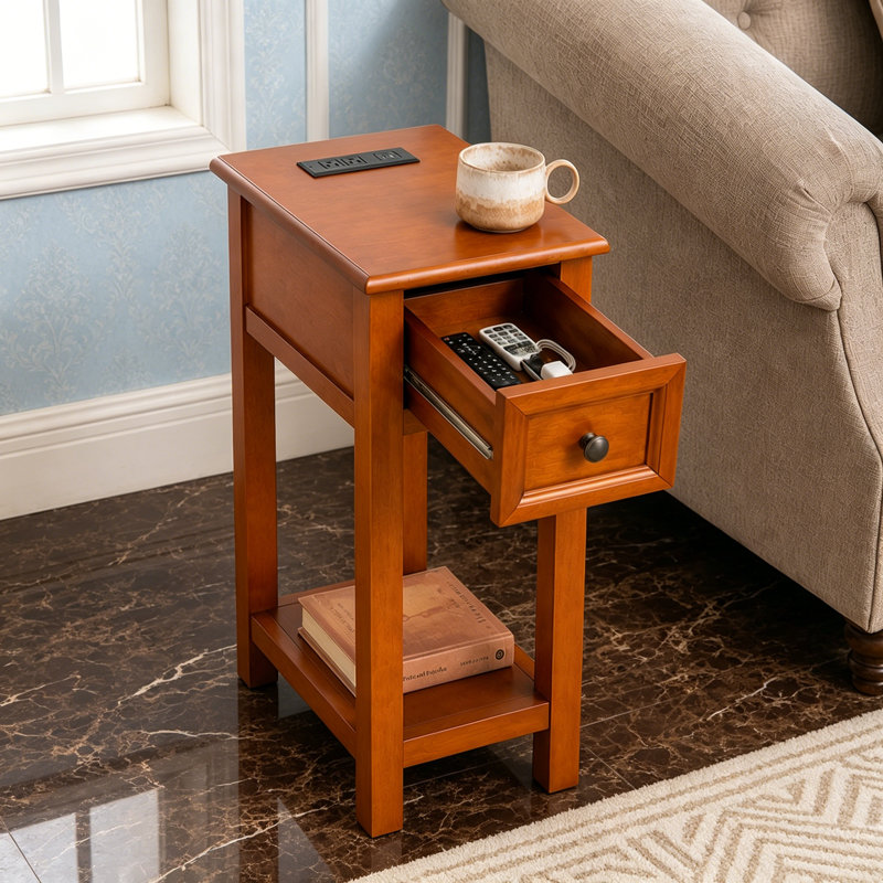 Table d'appoint compacte en bois massif avec station de charge et tiroir intégrés, parfaite pour les petits espaces et les chambres à coucher modernes.