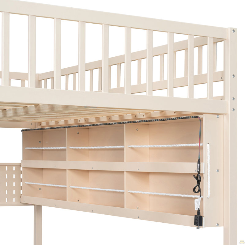 Lit superposé double XL avec étagères intégrées, éclairage aux couleurs changeantes et panneau perforé, beige, Beige